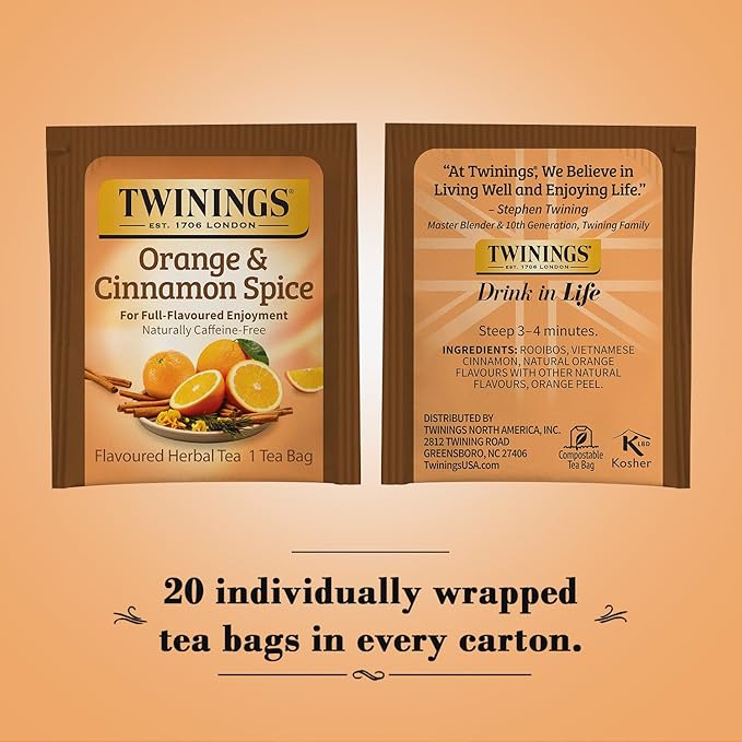 Twinings Orange & Cinnamon Spice Tea, Naturally Caffeine-Free Sweet and Spicy Tea with Rooibos, Orange, and Cinnamon, Herbal Tea Bags Individually Wrapped, 20 Count - Bloomnest