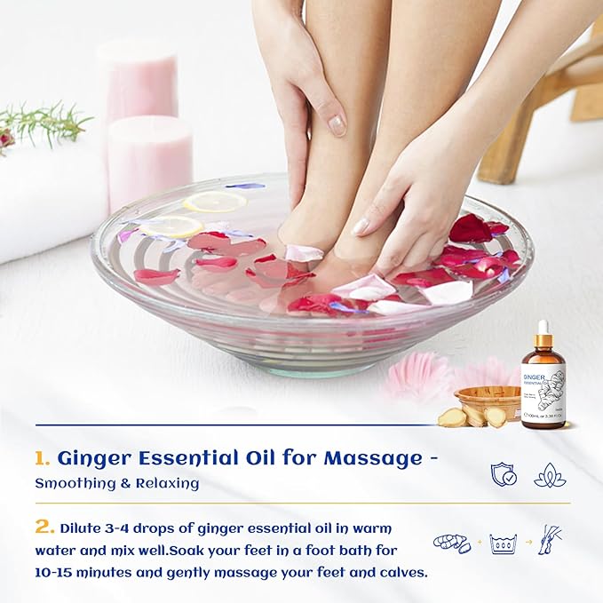 HIQILI Pure Ginger Essential Oil 3.38 Fl Oz, Pure Natural Premium Ginger Oil for Massage, Diffuser, Large Bottle with Dropper & Gift Box -100ml - Bloomnest