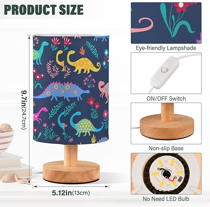 Table Lamp Dinosaur Floral Pattern Nightstand Lamp with Wood Base Fabric Lamp Shade Bedside Desk Lamp for Living Room Bedroom Kids Room Office - Bloomnest
