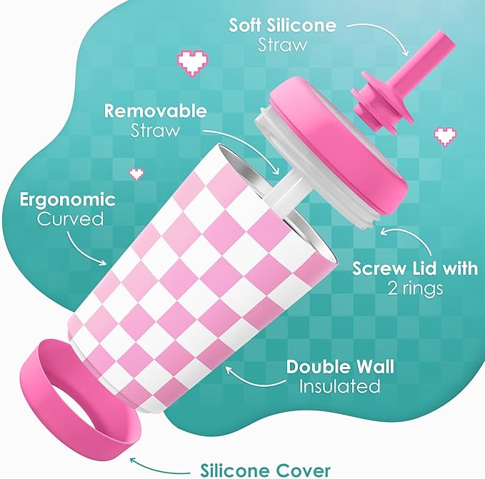 Kid Insulated Stainless Steel Tumbler with Silicone Straw, 12oz Sippy Cup for Kids (Pink Checkerboard) - Bloomnest