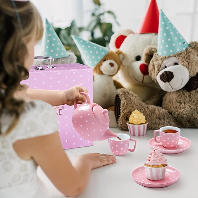 fanquare Porcelain Tea Service Set for Girls, 12Pieces Role Play Tea Sets with Box for Holiday Gifting Party, Pink and Polka Dot - Bloomnest