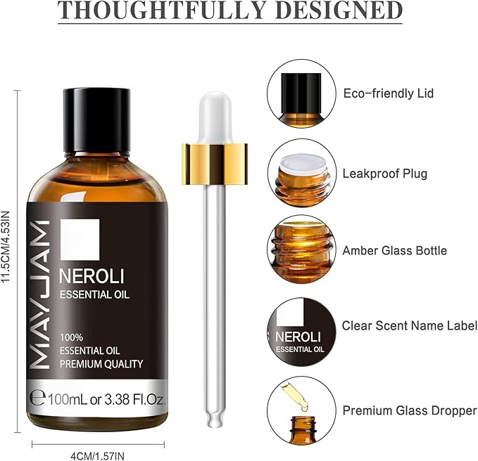 Neroli Essential Oil, MAYJAM Pure Essential Oils for Diffusers, 3.38FL.OZ/100ML Large Volume Neroli Oil with Premium Glass Dropper - Bloomnest