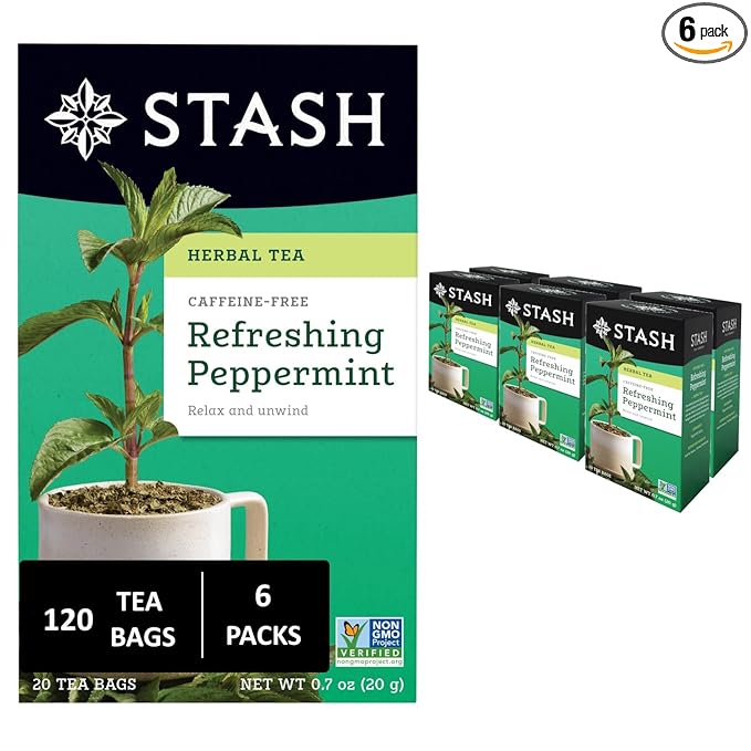 Stash Tea Peppermint Herbal Tea - Naturally Caffeine Free, Non-GMO Project Verified Premium Tea with No Artificial Ingredients, 20 Count (Pack of 6) - 120 Bags Total - Bloomnest