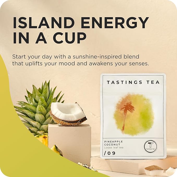 Tastings Tea Pineapple Coconut Loose Leaf, 2.25 oz | Tropical Black Blend & Fruit Infusion | Medium Caffeine | Naturally Sweet & Energizing | Small Batch & Sustainably Sourced | Resealable Pouch - Bloomnest