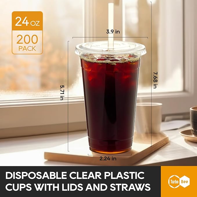 Turbo Bee 200 Sets 24 OZ Clear Plastic Cups with Lids and Straws, Disposable To Go Iced coffee cups with lids for Cold Drinks, Smoothie, and Slushie - Bloomnest