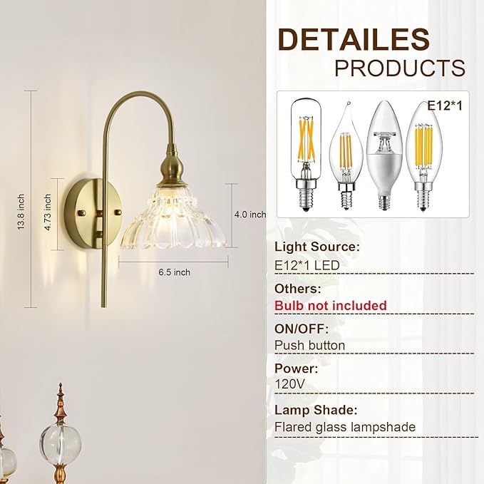 Vintage Wall Sconces with Clear Flower Glass Lampshade, Indoor Bath-Room Wall Sconce, Modern Gold Industrial Lighting Fixture for Mirror Living Room Hallway 1 Pack - Bloomnest