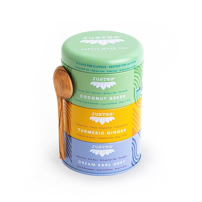 JusTea Assorted Tea Trio | Stacking Tins Variety Pack with Hand Carved Spoon | Loose Leaf Tea | Variable Caffeine | Award-Winning | Fair Trade | Non-GMO - Bloomnest