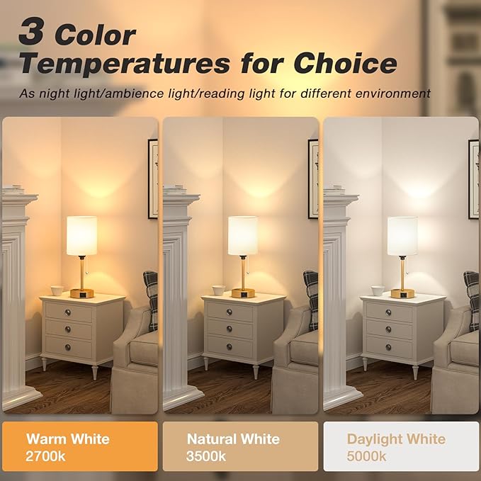Dicoool Small Bedside Lamps 3 Color Modes - 3000K 4000K 5000K Bedroom Lamps with USB C and A Ports, Pull Chain Gold Table Lamps with AC Outlet, Nightstand Lamps with Gold Metal Base for Kids Reading - Bloomnest