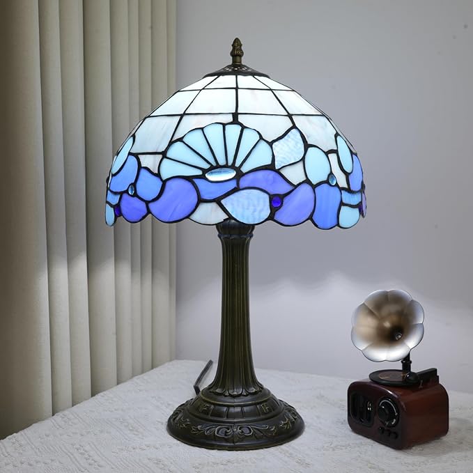 Blue Sea Style Stained Glass Table Lamps Shell Tiffany Lamp Bedroom Bedside Living Room Aesthetic Vintage Accent Farmhouse Night Light for End Table Office Nightstand End Table Desk Reding 12X19 Inch - Bloomnest