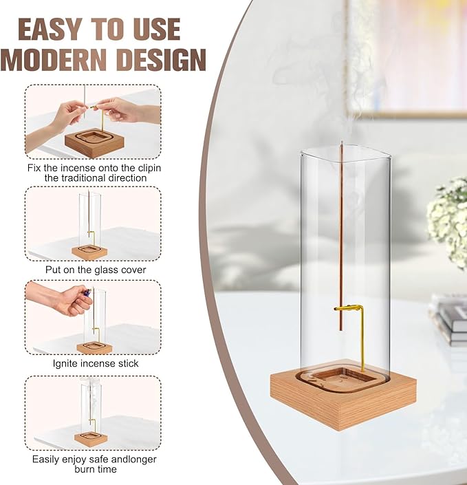 Incense Holder for Sticks, Insence-Stick Holder, Clean-Burning Design, Removable Ash Collection Glass, Top Burning Design Extends More Burn Time, Installation-Free, for Yoga, Home Decor - Bloomnest