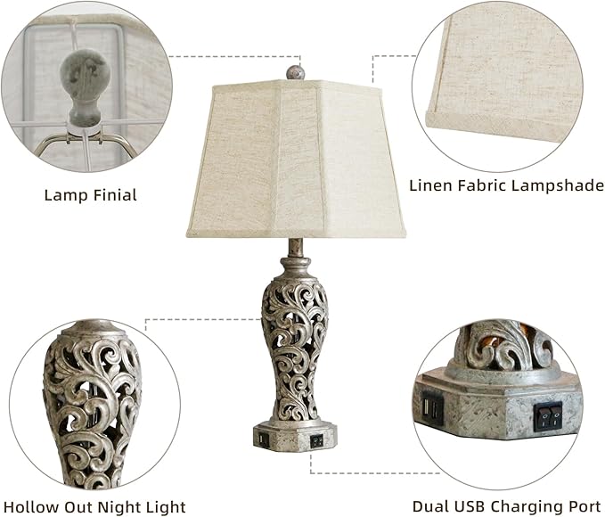 Vintage Table Lamps Set of 2 for Living Room Bedroom, 2 USB Ports 25'' Rustic Farmhouse Desk Lamp with Nightlight, Iron Gray Hollow Out Resin Lamp for End Table (Bulbs Included) - Bloomnest
