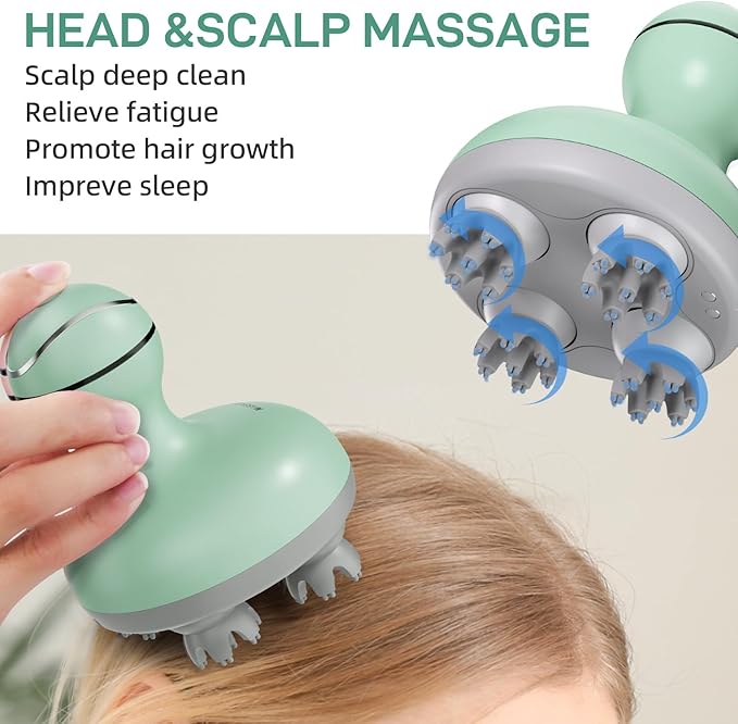 cotsoco Electric Scalp Head & Back Massager, Cordless Hair Massage Waterproof Head Massager with 4 Heads 84 Nodes for Hair Growth, Stress Relief & Deep Clean, Gifts for Men Women, Green cotsoco