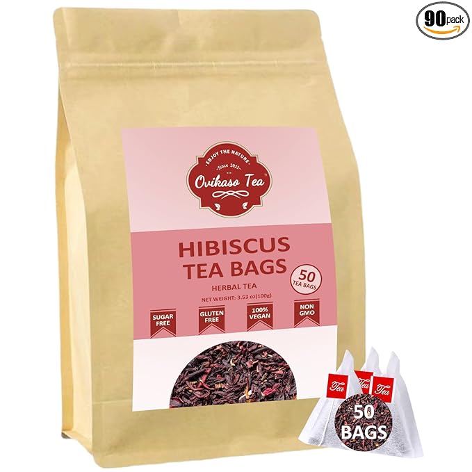 Ovikaso Tea, Hibiscus Tea Bags, Roselle Tea, 50 Pyramid Tea Bags, 2g/bag, 100% Natural, Non-GMO, No Caffeine, Brew Hot or Iced Tea, Baking, Cocktail, Rich in Antioxidants - Bloomnest