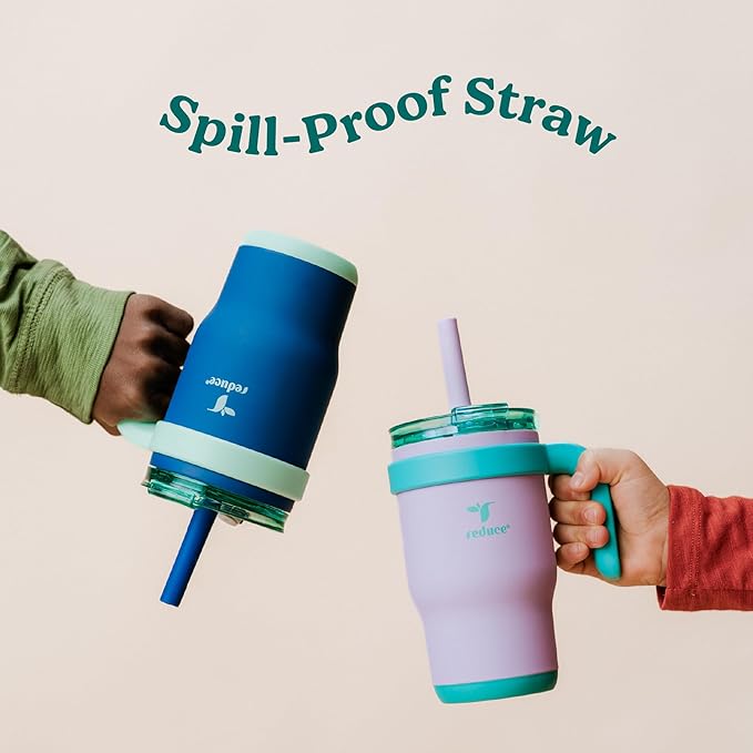 REDUCE 14 Oz Coldee Kids Tumbler with Lid and Straw - Coldee Insulated Travel Mug - Spill-Proof, Sweatproof Stainless Steel, BPA-Free - Includes Handle, Reusable Silicone Straw - Pink Lemonade - Bloomnest