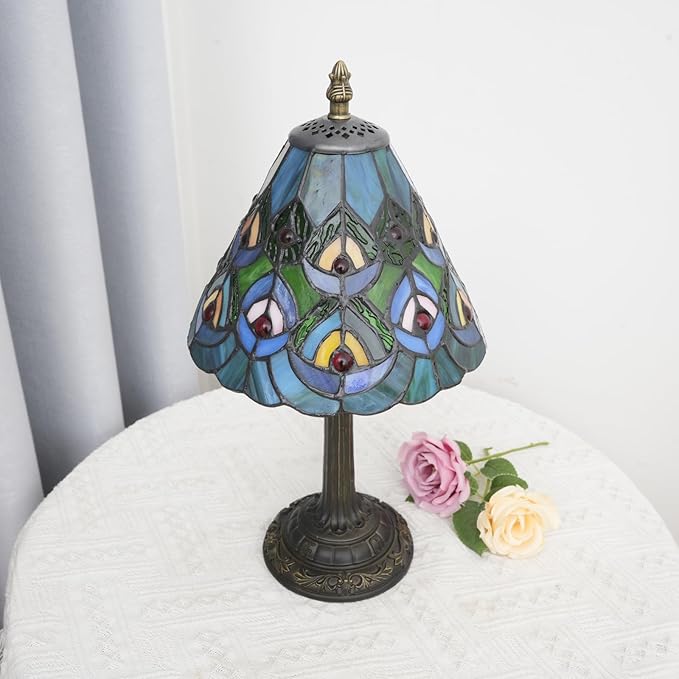 Green Peacock Decor Small Tiffany Style Table Lamp Antique Stained Glass Lamps Vintage Bedroom Bedside Reading Light Living Room Hotel Bar Kitchen Home Red Glass Bead Cute Accent Night Light 8 Inch - Bloomnest