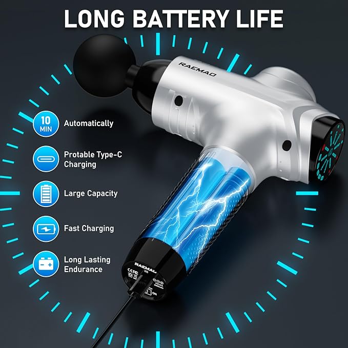 RAEMAO Massage Gun, Handheld Electric Deep Tissue Muscle Massager for Athletes for Pain Relief Attaching 8 Replacement Heads, Percussion Massager with 10 Speeds, Father's Day Gifts, Silver - Bloomnest