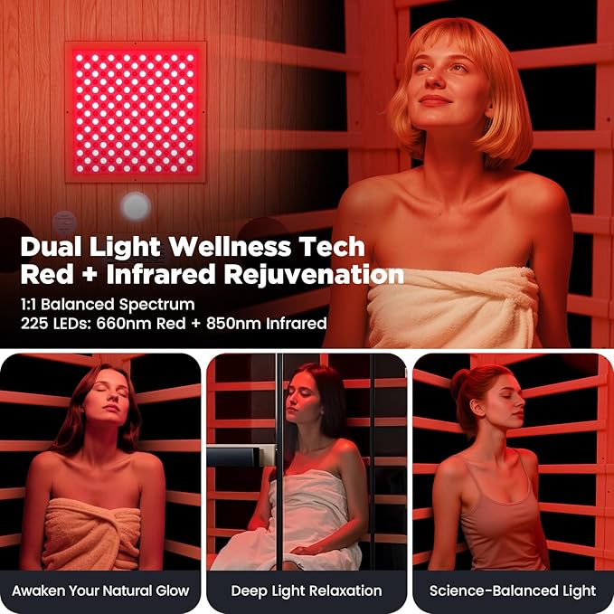 2-Person FAR Infrared Sauna for Home & Gym, Himalayan Salt Rocks Plus 12" * 12" Red Light Therapy & 2 Speakers, 1990W Canadian Hemlock Wood Indoor Dry Spa DAIMOT