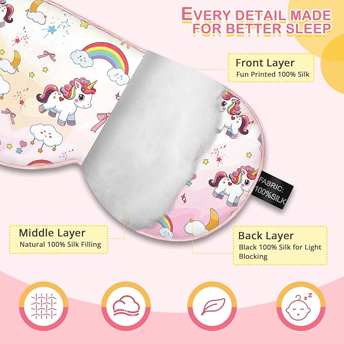 Kids Silk Sleep Mask: 100% Mulberry Silk Eye Mask with Adjustable Strap, Cute Sleeping Blindfold for Boys Girls Teens, Soft & Lightweight Eye Shade for Travel, Nap, Bedtime (Pink Horse Style) - Bloomnest