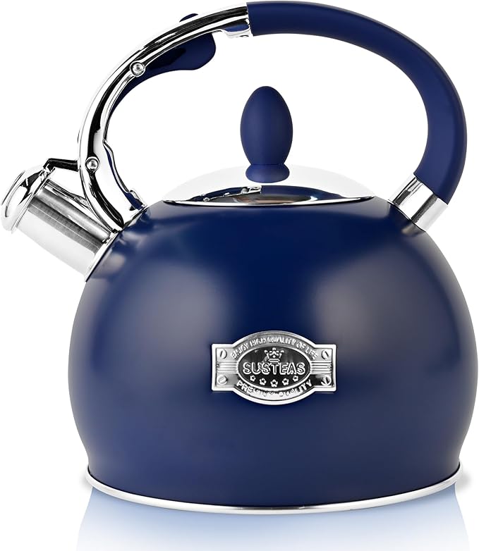 SUSTEAS Stove Top Whistling Tea Kettle - Food Grade Stainless Steel Teakettle Teapot with Cool Touch Ergonomic Handle, With 1 Silicone Pinch Mitt Included, 2.64 Quart,NAVY BLUE - Bloomnest