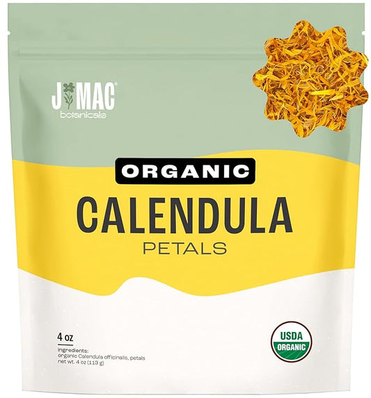 J Mac Botanicals, Organic Calendula Petals (4 oz) edible dried flowers, pairs well with rose petal for ice cubes, cooking, beverages, and bath bombs - Bloomnest