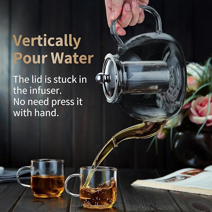 40OZ (1200ML) Glass Teapot with Infuser Stovetop Safe, Clear Glass Tea Pot Kettle, Borosilicate Tea Pot with Infusers Filter for Loose Tea, Tea Kettle Dishwasher Safe (Black) - Bloomnest