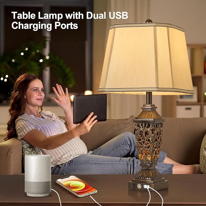 AIDENOEY 27.5“ Farmhouses Table Lamp with USB & USB-C Charging Ports, 3-Color Dimmable & Stepless Bottom Dimming, Touch Control & Switch, Vintage Bedside Lamp for Bedroom Living Room Office,(Brown)