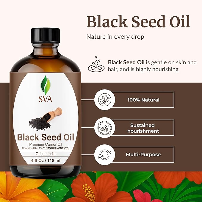 SVA Black Seed Oil - 4 Fl Oz – 100% Natural Cold Pressed Black Seed Oil - for Face, Skin Care, Hair Care, Scalp Massage & Body Massage – Carrier Oil with Dropper - Bloomnest