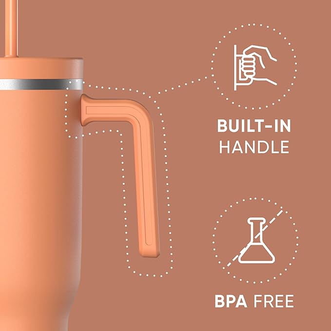 Hydrapeak Voyager 40 Oz Stainless Steel Tumbler with Handle, Insulated Water Bottle With Straw & Lid, Cupholder Friendly Reusable Travel Mug (Apricot Crush) - Bloomnest