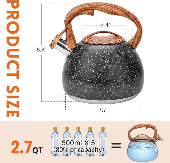 GGC Tea Kettle for Stove Top, Loud Whistling Kettle for Boiling Water Coffee or Milk, 3.1 Quart Heavy Stainless Steel Starry Black Kettle with Wood Pattern Handle, Unique Button Control Kettle Outlet - Bloomnest
