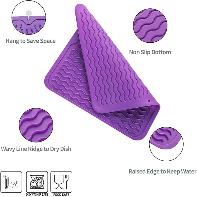 Silicone Dish Drying Mat for Multiple Usage,Easy clean,Eco-friendly,Heat-resistant Silicone Mat for Kitchen Counter or Sink,Refrigerator or Drawer liner Purple M 12 inches x 12 inches - Bloomnest