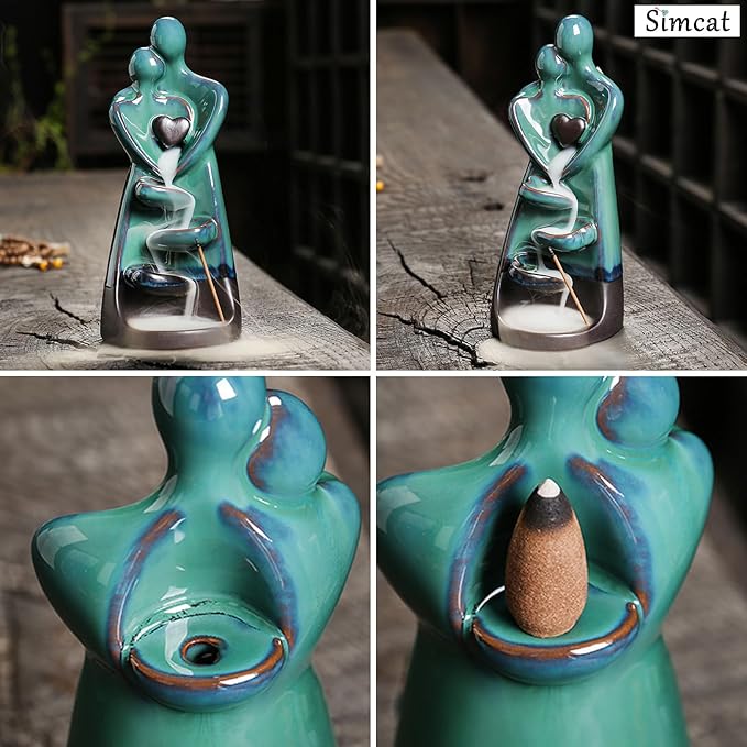 Simcat Backflow Incense Burner Holder Handicraft Hugging Lovers Incense Holder Censer Romantic Incense Waterfall Burner Decor + 20 Backflow Incense Cones 30 Incense Sticks 1 Tweezer 1 Mat - Bloomnest