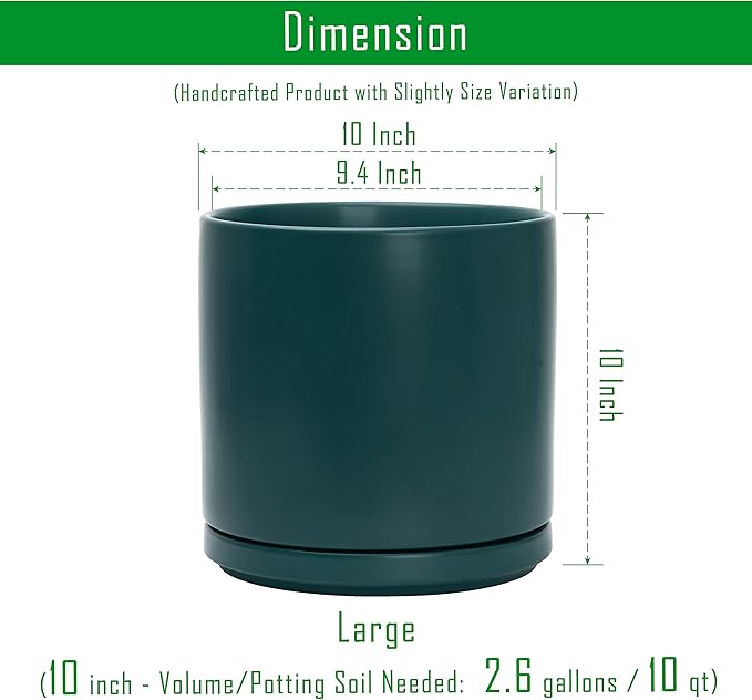 D'vine Dev Set of 2 Plants Pots, 10 Inch Ceramic Planter Pot for Plants with Drainage Hole and Saucer, Teal, 94-V-E-9 - Bloomnest