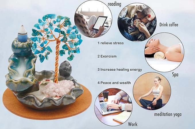 Waterfall Burner, Crystal Tree Backflow Incense Holder, with 30 Incense Cones, 30 Incense Stick, 1 Healing Crystal Necklace, Aromatherapy Anxiety Relief Items, Mom Gifts for Christmas - Bloomnest
