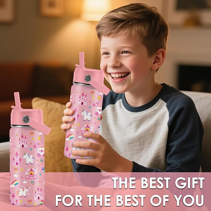 Unicorn Gifts 16 oz Water Bottle with Straw Lid, Stainless Steel Insulated Bottle, Leak Proof, BPA - Free, Cute Castle & Unicorn Tumbler for Birthday, Christmas, Daily Use, Travel (1pc) - Bloomnest
