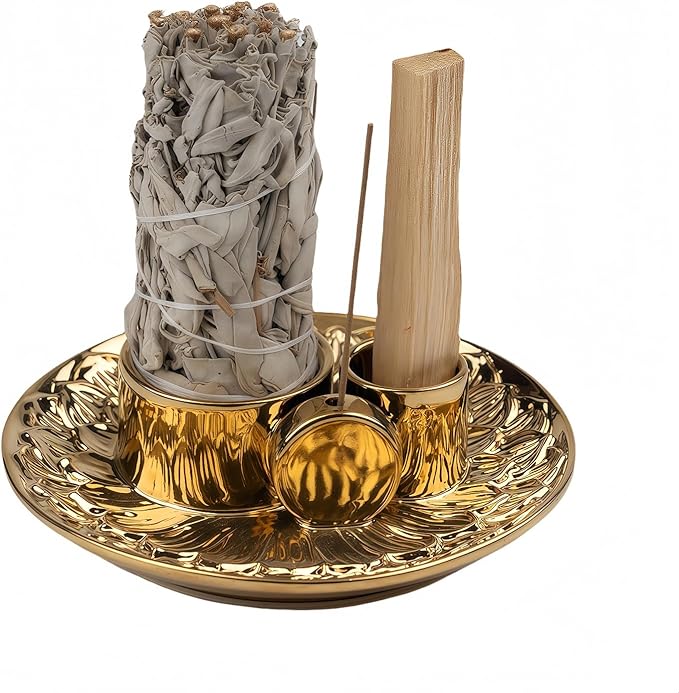 4 in 1 Incense Holder, Ceramic Incense Stick and Palo Santo Holder,Sage Holder for Burning- 5.5" Ceramic Ash Catcher Tray for Meditation and Yoga Room (Golden) - Bloomnest