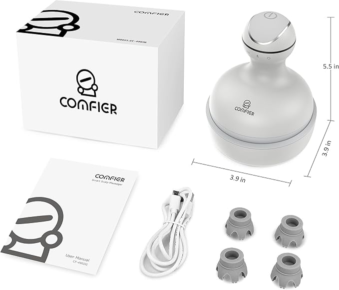 COMFIER Electric Scalp Head Massager with 4 Soft Silicone Massage Heads, Portable Hair Massager for Hair Growth, Relieve Stress, Head Scratcher for Deep Relaxation, Dog Cat Massager, Gray COMFIER