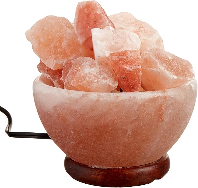 Spantik Himalayan Salt Lamp Bowl with Natural Crystal Chunks, Dimmer Cord and Classic Wood Base Premium Quality Authentic from Pakistan
