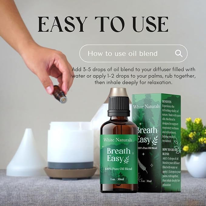 White Naturals Breathe Easy Essential Oil Blend – Refreshing Aromatherapy Oil for Clear Breathing & Comfort, 100% Pure & Natural Essential Oils for Freshness, 1oz - Bloomnest