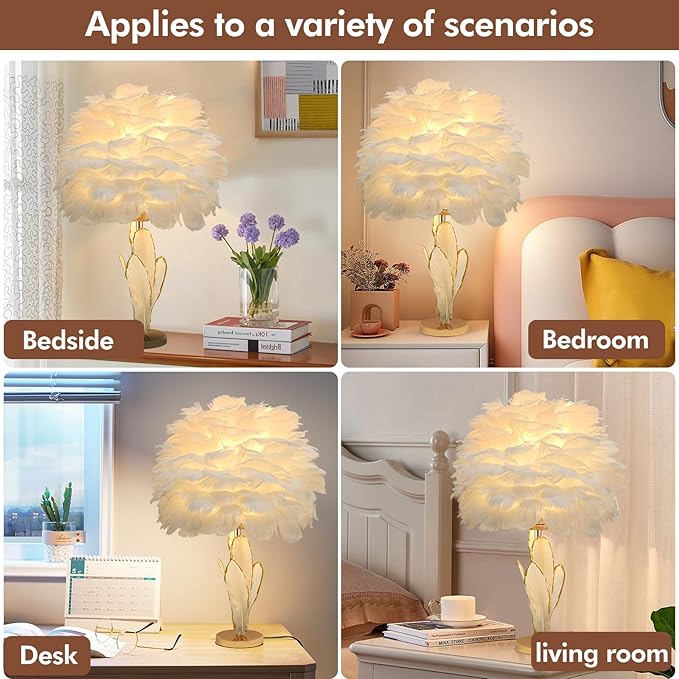 Chic White Feather Lamp Creative Furry Table Lamp Modern Feather Desk Lights Romantic Princess Bedside Nightstand Light for Teen Girls Bedroom Decoration Living Room Wedding Kids Room - Bloomnest