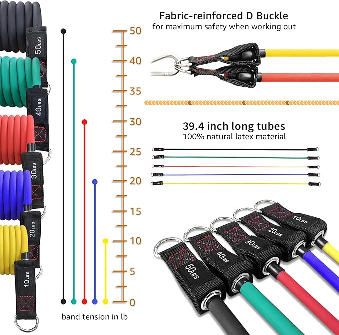 TheFitLife Resistance Bands with Handles - Designed for American Body Types, Exercise Workout Tubes for Men, Women, Includes Large Handles, Ankle Straps, Door Anchor, Fitness Levels - Bloomnest