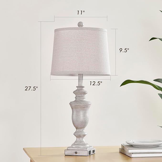 27.5" Set of 2 Farmhouse Table Lamps for Bedroom, 3 Way Dimmable Bedside Lamp with 2 USB +AC Outlet Nightstand Lamps for Living Room Resin Rustic Touch Lamps (Antique Gray) - Bloomnest