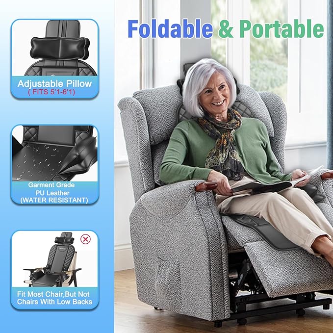 Back Massager with Heat & Traction & Vibration, Seat Massager Pad for Pain Relief Deep Tissue, Lumbar Traction, PU Leather, Foldable, for 5’ to 6’1”, Massage Chair Pad for Office Home - Bloomnest