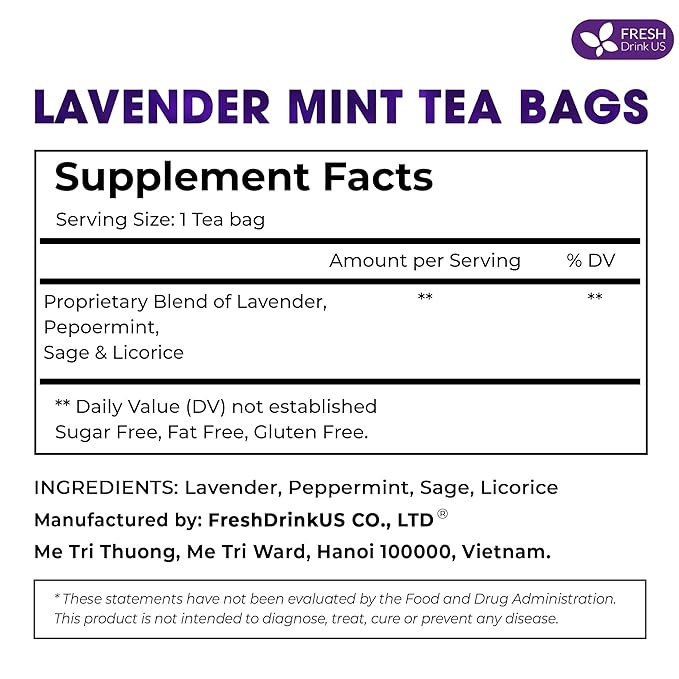 FreshDrinkUS, Premium 55 Tea Bags Lavender Mint Tea, 100% Natural, Blend of Lavender, Peppermint, Sage and Licorice. Made with Natural Material Tea Bags. No Sugar, No Caffeine, Vegan. - Bloomnest