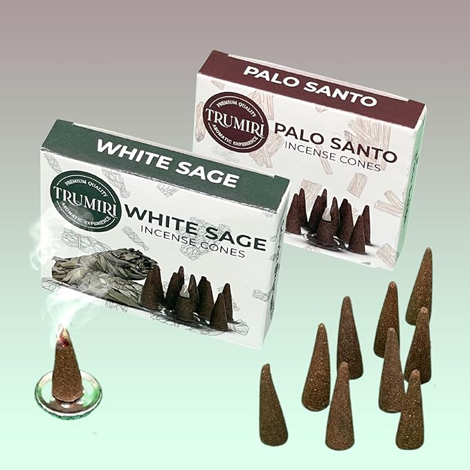 TRUMIRI Incense Cones - Combo Pack of 20 Cone Incense - 10 Palo Santo + 10 White Sage - Insence Cones - Incense Cones Scented - Cone Incense Scents - Insense Cones - Incent Cone TRUMIRI