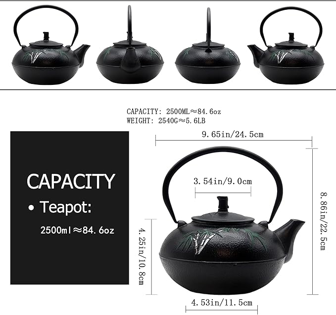 84.6oz Large Cast Iron Tea Kettle for Stovetop, Heavy Teapot with Stainless Steel Infuser for Loose Leaf, Japanese Style Tea Pot, 2500ml Black Tetsubin with Bamboo Pattern - Bloomnest