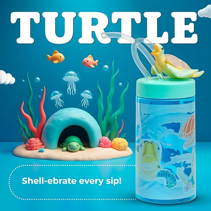 Kids Water Bottle, Toddler Cups, Tumbler with Lid and Straw, Travel Sippy Cup for Water or Milk, Kids Cups with Lids for Toddlers 3 and Up, BPA Free Plastic, 12 oz (Sealife Sea Turtle) - Bloomnest