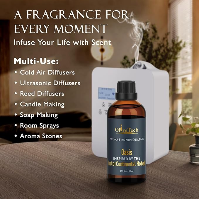 Hotel Diffuser Oil Inspired by Intercontinental Hotel Oasis Scent, OliveTech Aromatherapy Fragrance Oil for Cold Air & Ultrasonic Diffusers, 100ml / 3.38 ft oz Glass Bottle OliveTech