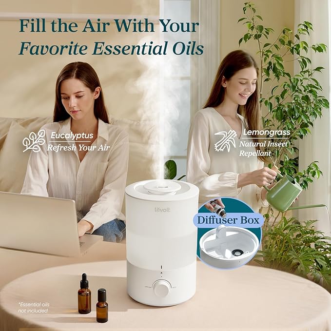 LEVOIT - Humidifiers for Bedroom - Quiet (3L Water Tank) - Cool Mist/Top Fill/Essential Oil Diffuser/25Watt - Home/Large Room - 360° Nozzle - Rapid Ultrasonic Humidification for Baby Nursery/Plant - Bloomnest