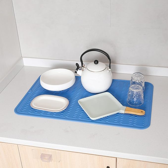 Silicone Dish Drying Mat for Multiple Usage,Easy clean,Eco-friendly,Heat-resistant Silicone Mat for Kitchen Counter or Sink,Refrigerator or Drawer Liner Lichen BlueL 3XL 28 inches x 18 inches - Bloomnest