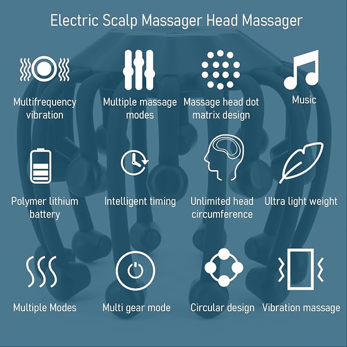 Electric Scalp Massager - Octopus Head Massager Stress Relax, 20 Claw Multi-Configuration Array Vibrating Nodes, 5 Modes, Bluetooth Music, Hair Scalp Relaxation, Fatigue Relief JIEJUNJIE